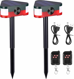 Qualirey 2 Pack 360° Motion Sensor Alarm Solar Animal Repellent Outdoor, 4 Mode 3 x 129db Ultrasonic Raccoon Deer Dog Deterrent Loud Noise Maker with USB Remote Control for Home Garden Yard Driveway