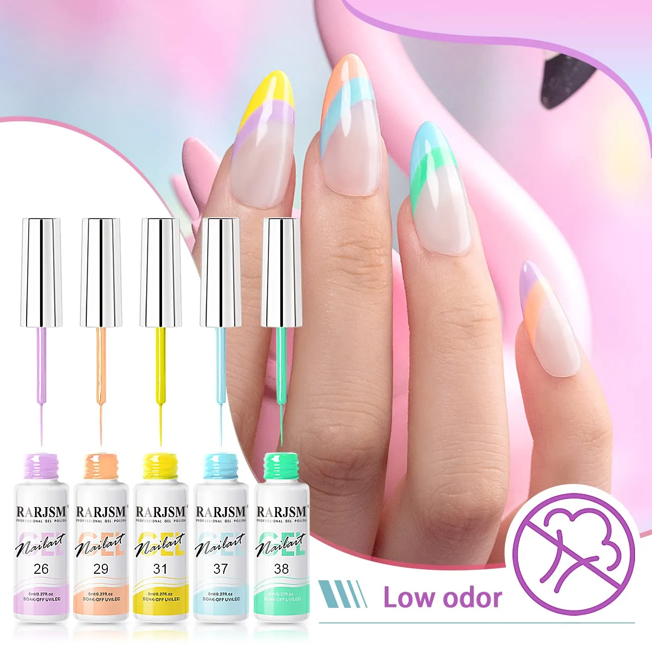 RARJSM Nail Art Gel Liner 24 Color Line Art Painted Gel Nail Polish Set Pink Blue Green Silver Gold Glitter for Nails Painting Drawing Soak Off U V L E D Curing Requires Bulid in Thin Nail Art Brush