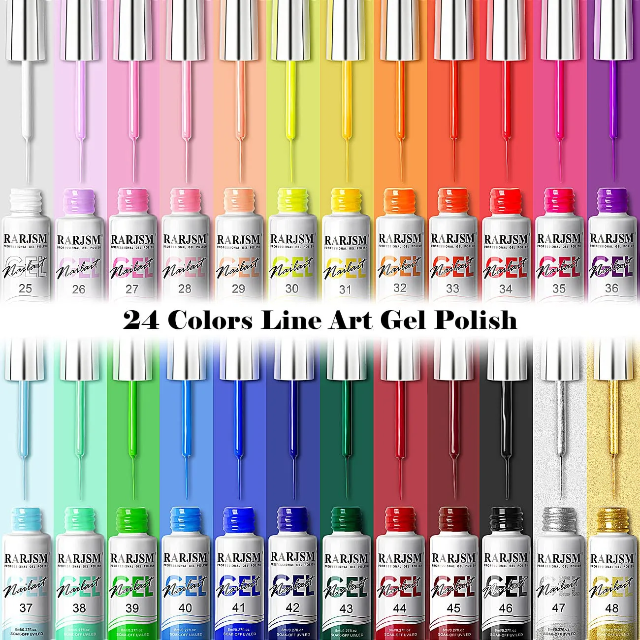 RARJSM Nail Art Gel Liner 24 Color Line Art Painted Gel Nail Polish Set Pink Blue Green Silver Gold Glitter for Nails Painting Drawing Soak Off U V L E D Curing Requires Bulid in Thin Nail Art Brush