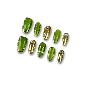 Real Handmade Press On Nails Short Squoval,10 Pcs Acrylic Nails Press Ons Green with Hand Painted Design-Nature Reusable Stick On Nails Lasts 15 Days No Glue Needed
