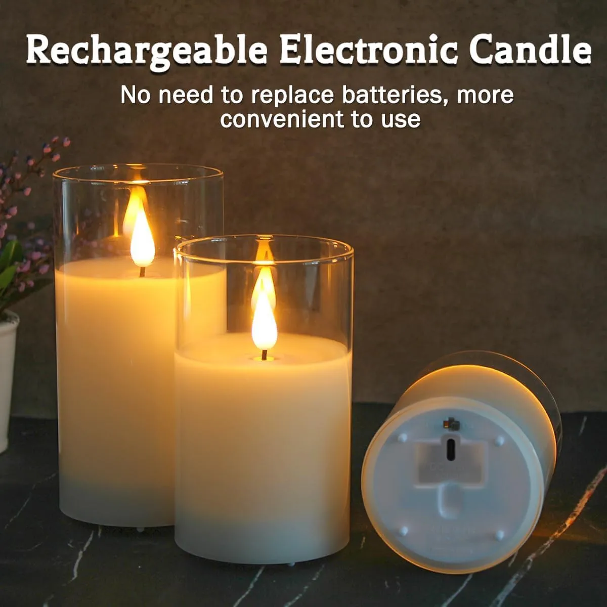 Rechargeable Flameless Candle, Flashing LED Pillar Real Wax Candle with Remote Control and Timer, Clear Glass Electronic Candles for Room Decoration, 1 Set of 3