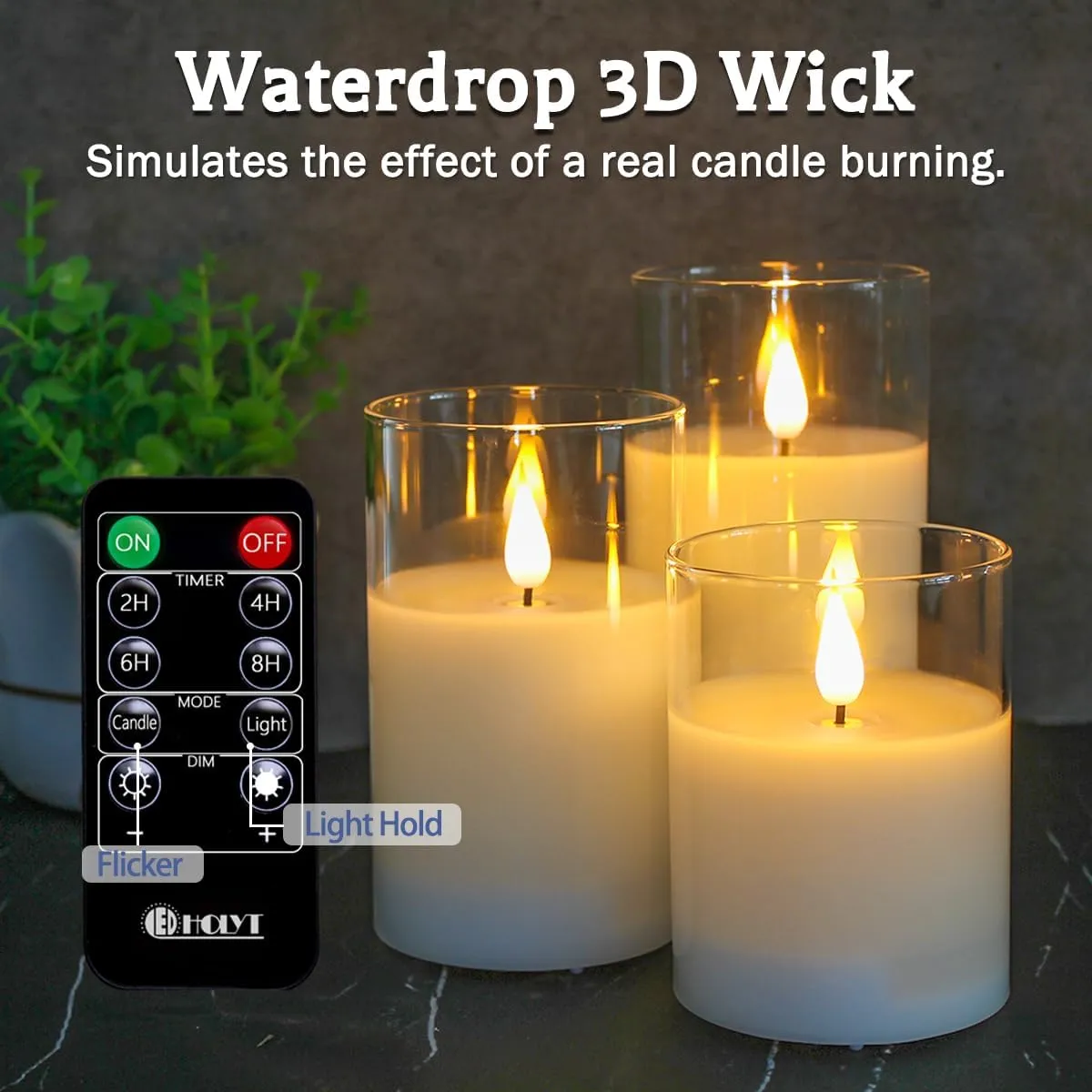 Rechargeable Flameless Candle, Flashing LED Pillar Real Wax Candle with Remote Control and Timer, Clear Glass Electronic Candles for Room Decoration, 1 Set of 3