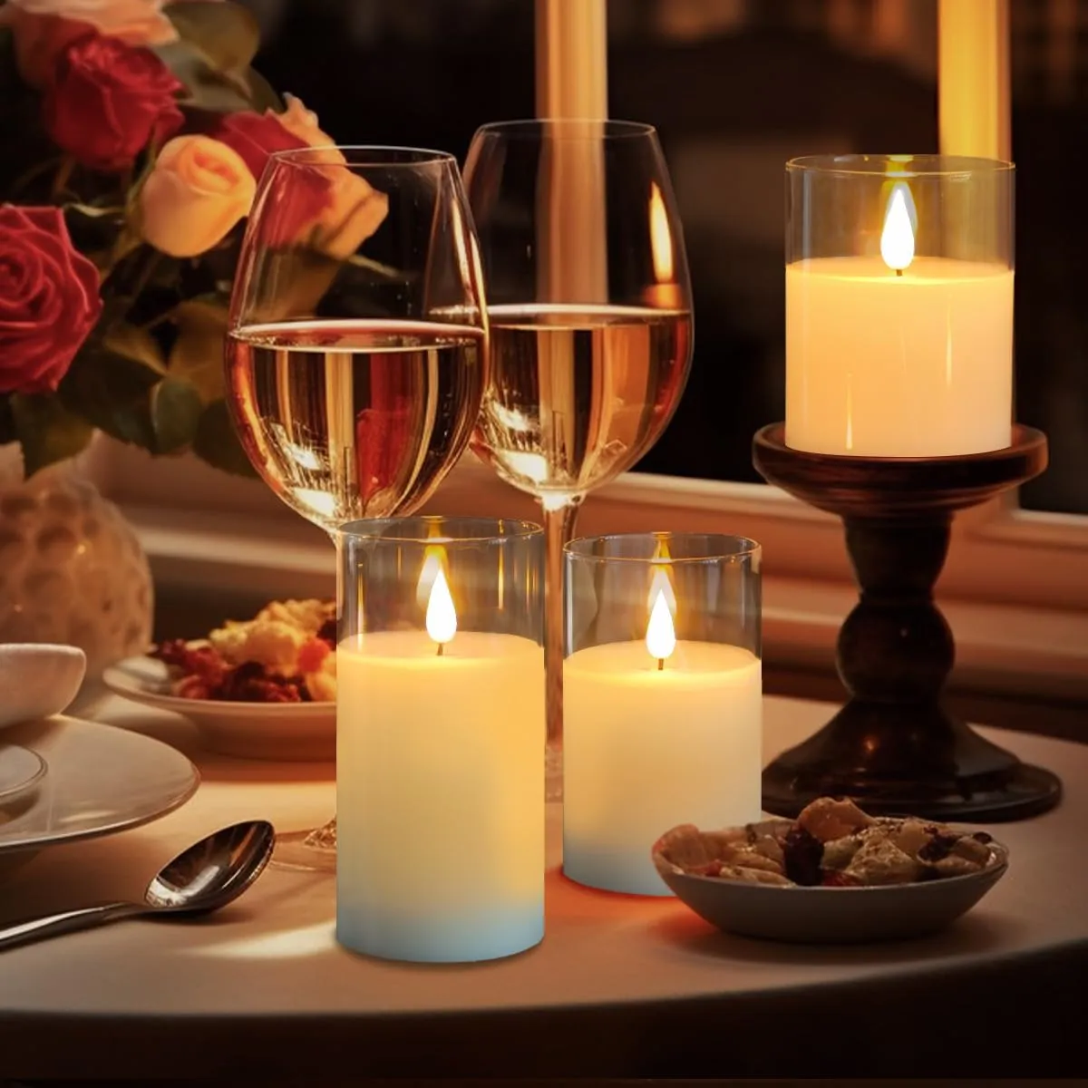 Rechargeable Flameless Candle, Flashing LED Pillar Real Wax Candle with Remote Control and Timer, Clear Glass Electronic Candles for Room Decoration, 1 Set of 3