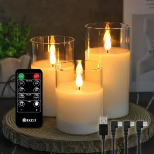 Rechargeable Flameless Candle, Flashing LED Pillar Real Wax Candle with Remote Control and Timer, Clear Glass Electronic Candles for Room Decoration, 1 Set of 3