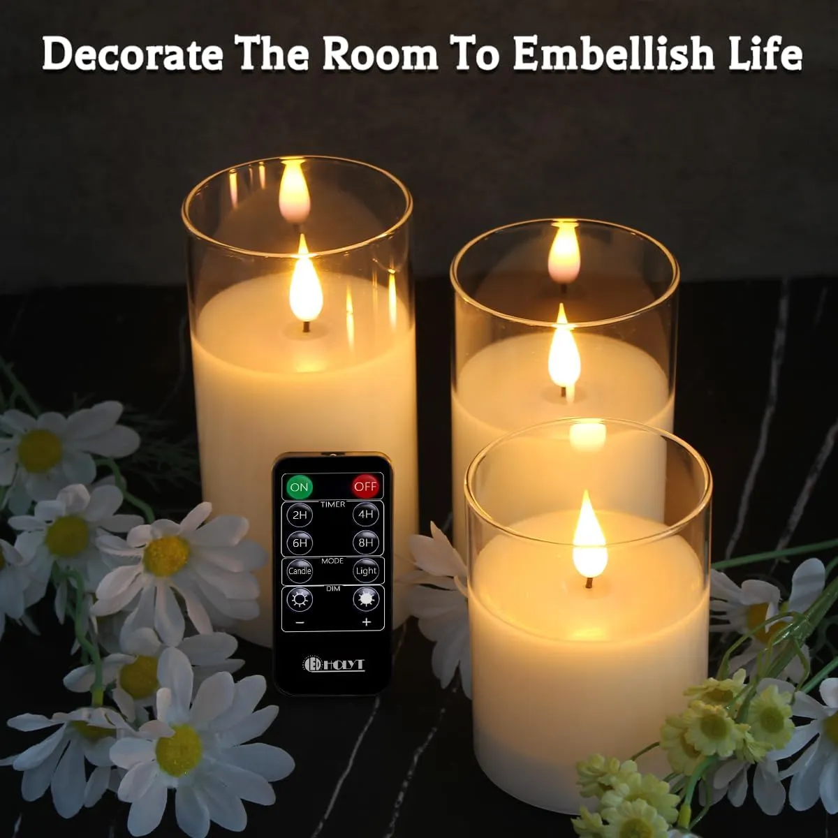 Rechargeable Flameless Candle, Flashing LED Pillar Real Wax Candle with Remote Control and Timer, Clear Glass Electronic Candles for Room Decoration, 1 Set of 3