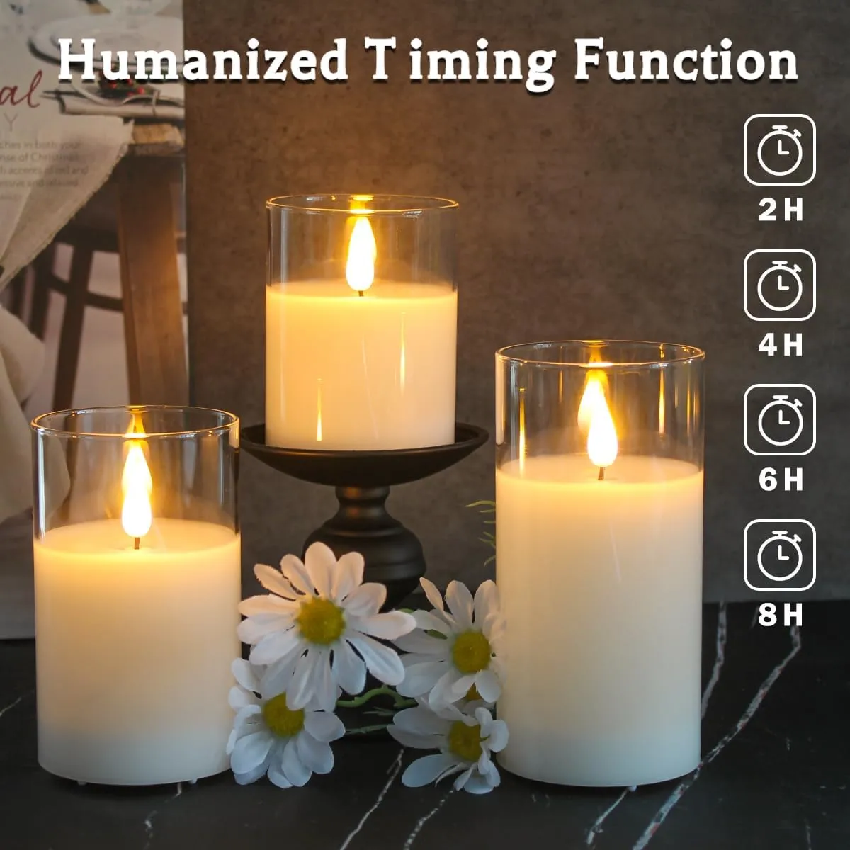 Rechargeable Flameless Candle, Flashing LED Pillar Real Wax Candle with Remote Control and Timer, Clear Glass Electronic Candles for Room Decoration, 1 Set of 3