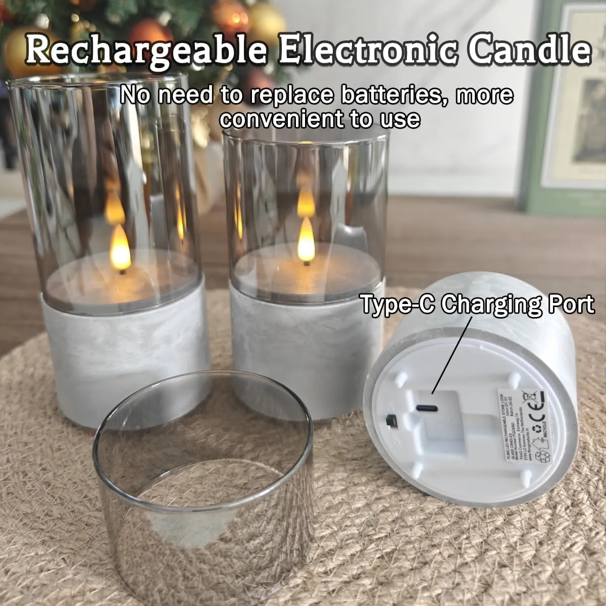 Rechargeable Flameless Candle, Flashing LED Pillar Real Wax Candle with Remote Control and Timer, Simulated Wick, Gray Electronic Candle, 1 Set of 3