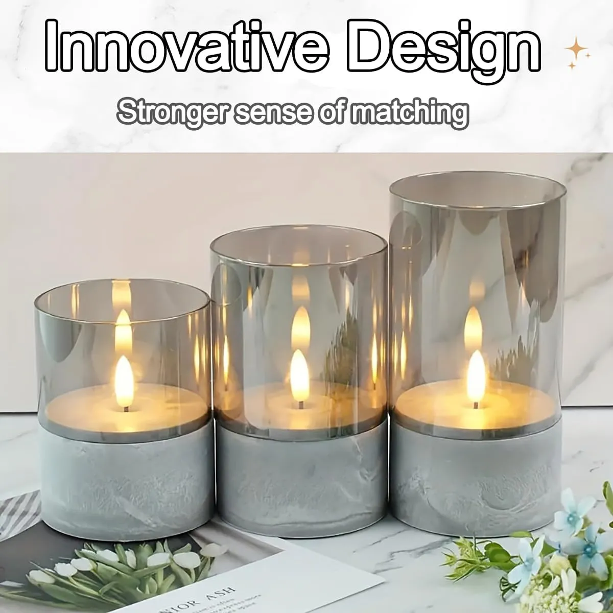 Rechargeable Flameless Candle, Flashing LED Pillar Real Wax Candle with Remote Control and Timer, Simulated Wick, Gray Electronic Candle, 1 Set of 3