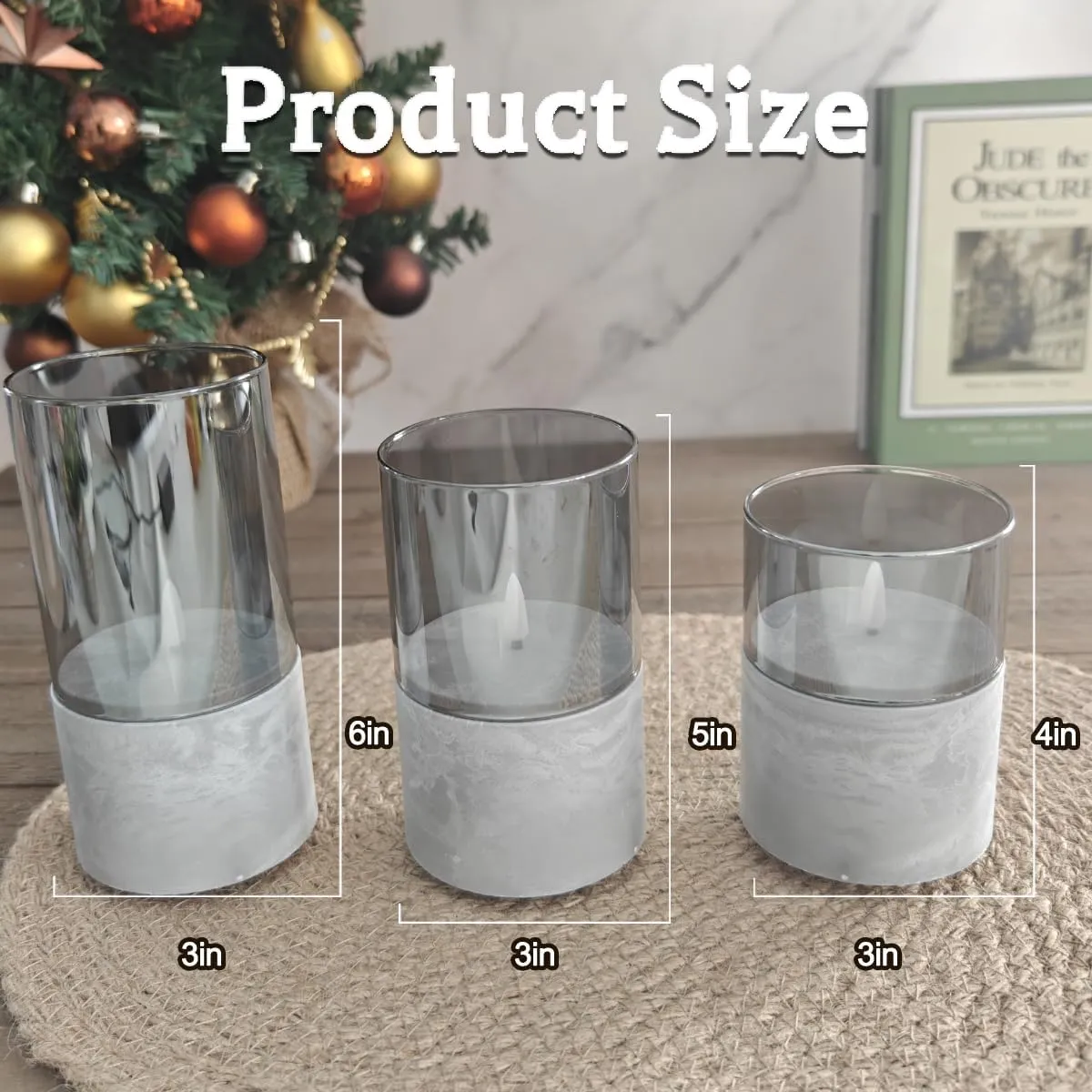 Rechargeable Flameless Candle, Flashing LED Pillar Real Wax Candle with Remote Control and Timer, Simulated Wick, Gray Electronic Candle, 1 Set of 3