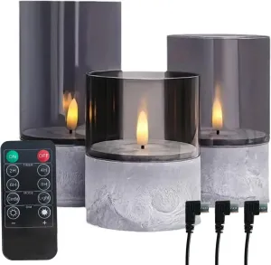 Rechargeable Flameless Candle, Flashing LED Pillar Real Wax Candle with Remote Control and Timer, Simulated Wick, Gray Electronic Candle, 1 Set of 3