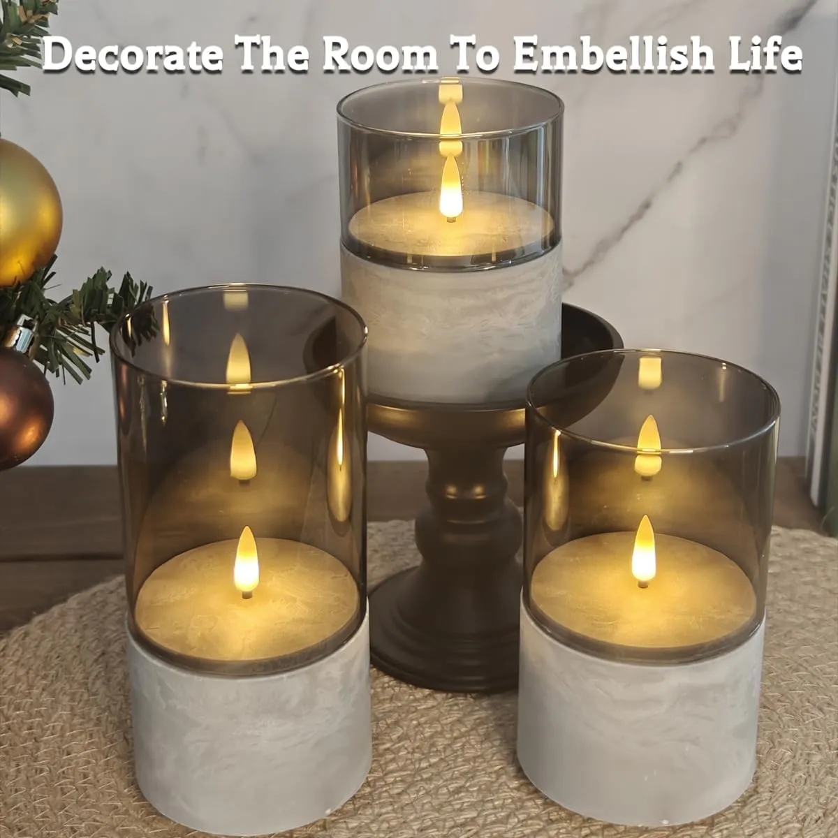 Rechargeable Flameless Candle, Flashing LED Pillar Real Wax Candle with Remote Control and Timer, Simulated Wick, Gray Electronic Candle, 1 Set of 3
