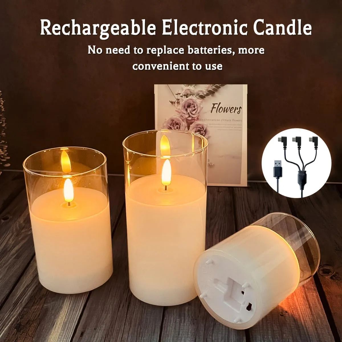 Rechargeable Flameless Candle, Flashing LED Pillar Real Wax Candle with Remote Control and Timer, Teardrop Wick, Clear Glass Electronic Candles, 1 Set of 5