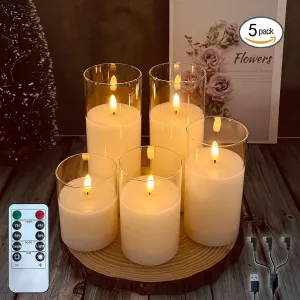 Rechargeable Flameless Candle, Flashing LED Pillar Real Wax Candle with Remote Control and Timer, Teardrop Wick, Clear Glass Electronic Candles, 1 Set of 5