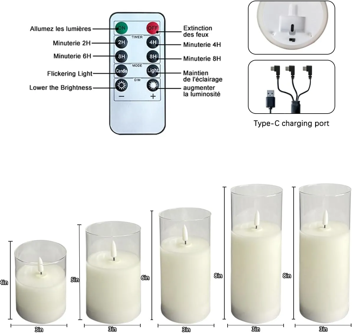 Rechargeable Flameless Candle, Flashing LED Pillar Real Wax Candle with Remote Control and Timer, Teardrop Wick, Clear Glass Electronic Candles, 1 Set of 5