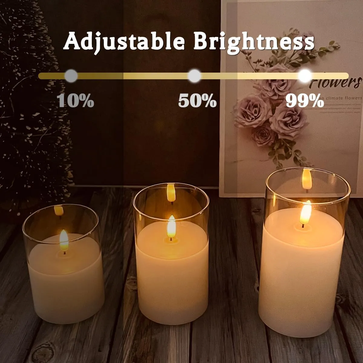Rechargeable Flameless Candle, Flashing LED Pillar Real Wax Candle with Remote Control and Timer, Teardrop Wick, Clear Glass Electronic Candles, 1 Set of 5