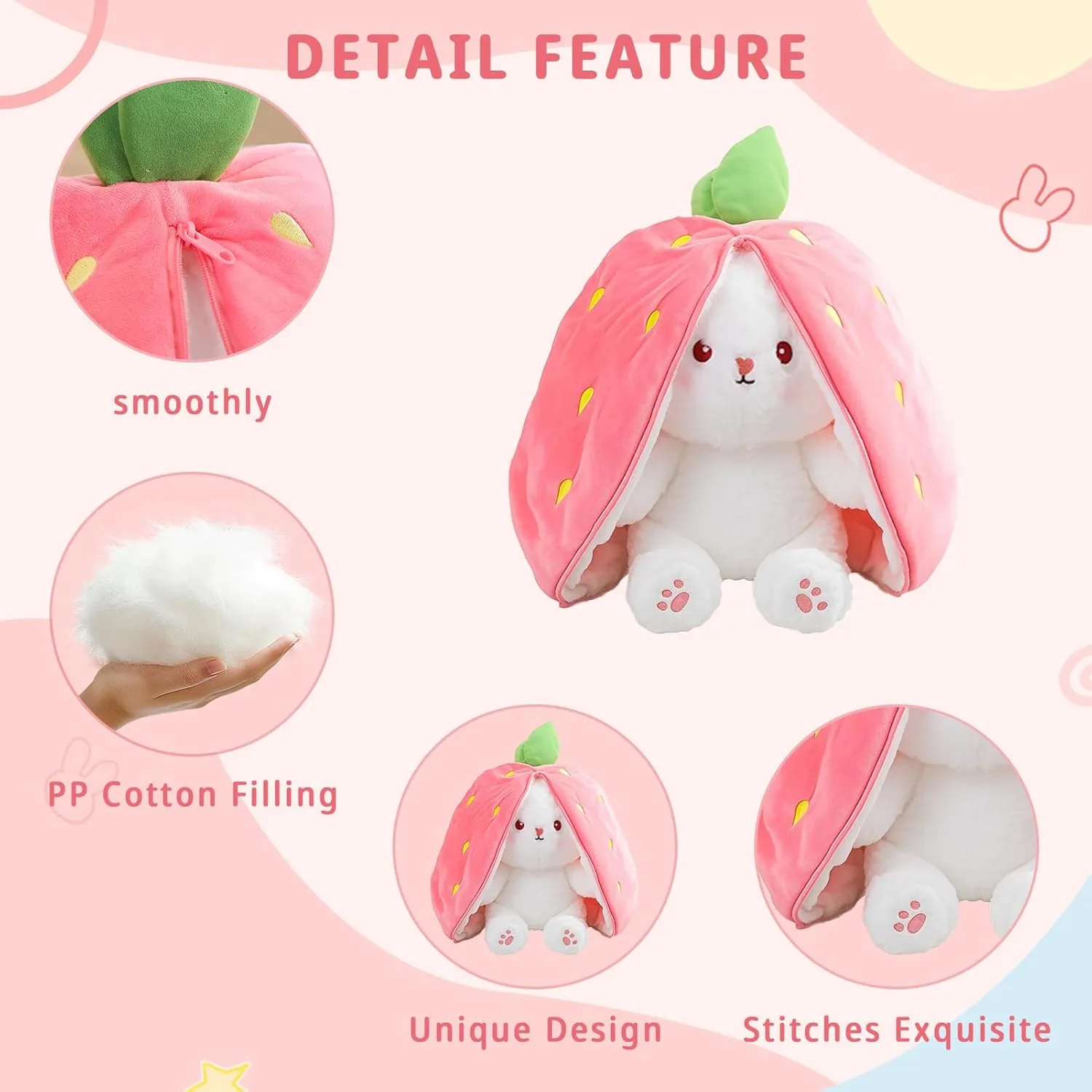 Reversible Bunny Stuffed Animal Rabbit Cuddle Stuffed Strawberry Bunny Transformed Rabbit Plush with Zipper 8" Easter Bunny Plushies Gifts for Baby Boys Girls