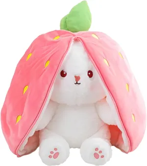 Reversible Bunny Stuffed Animal Rabbit Cuddle Stuffed Strawberry Bunny Transformed Rabbit Plush with Zipper 8" Easter Bunny Plushies Gifts for Baby Boys Girls