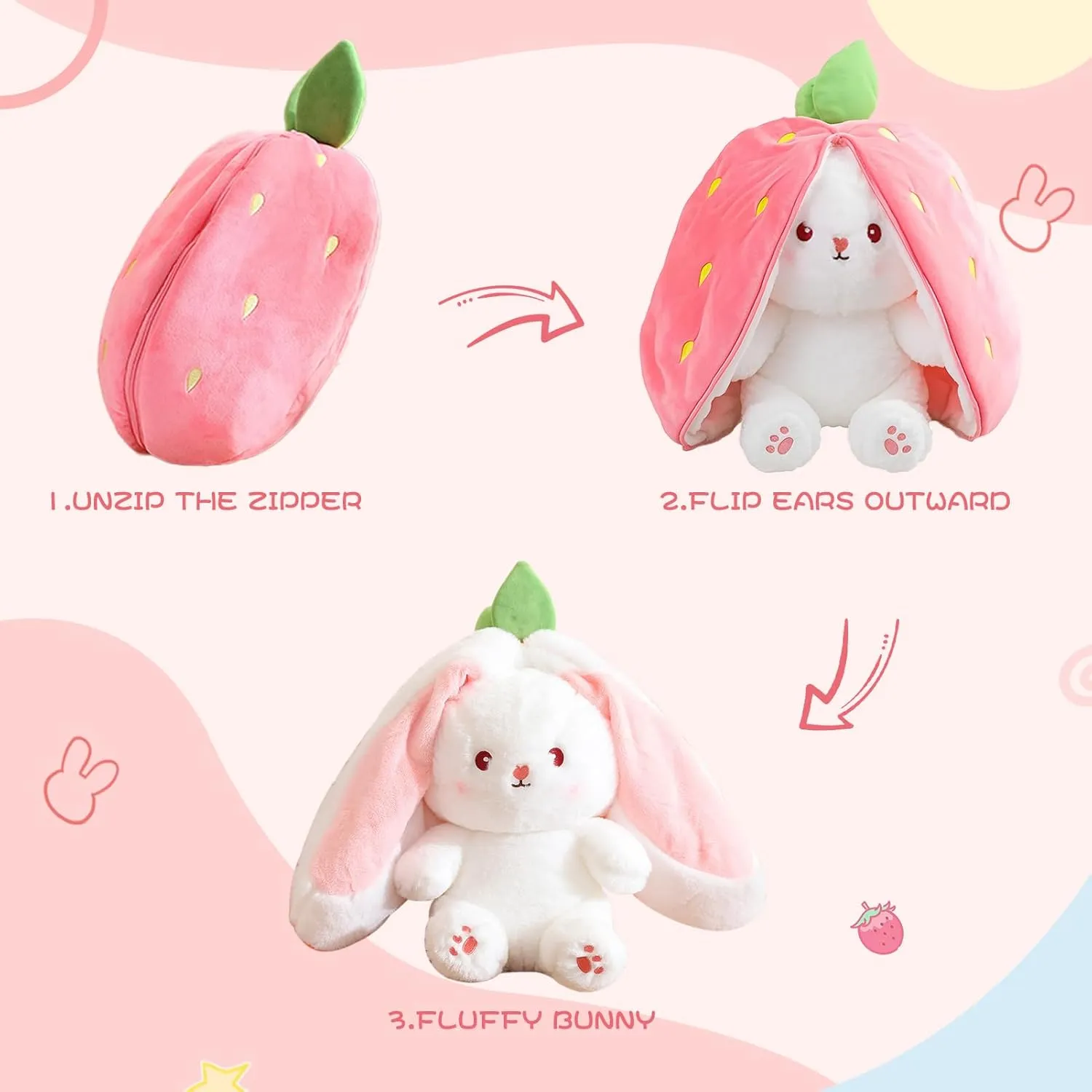 Reversible Bunny Stuffed Animal Rabbit Cuddle Stuffed Strawberry Bunny Transformed Rabbit Plush with Zipper 8" Easter Bunny Plushies Gifts for Baby Boys Girls