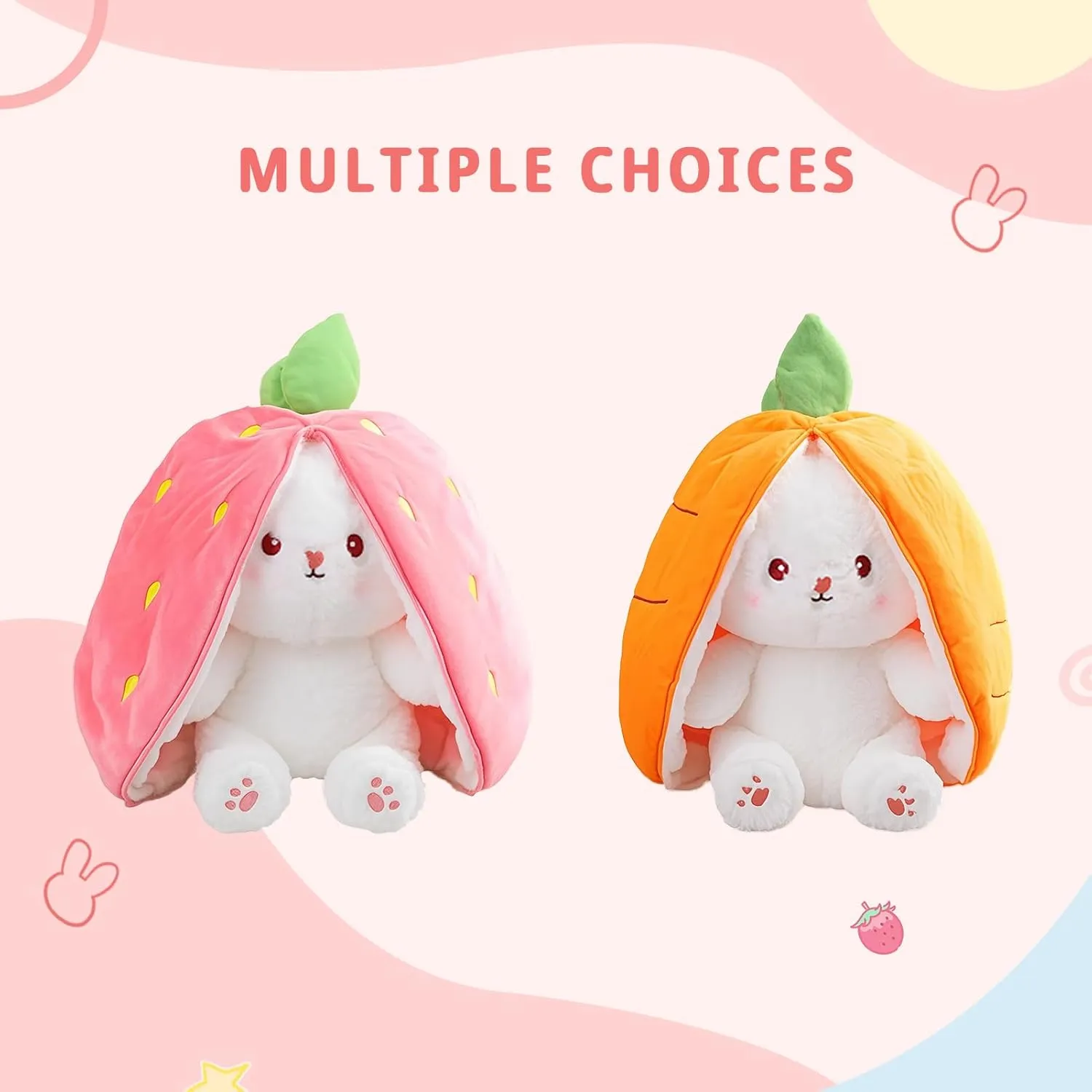 Reversible Bunny Stuffed Animal Rabbit Cuddle Stuffed Strawberry Bunny Transformed Rabbit Plush with Zipper 8" Easter Bunny Plushies Gifts for Baby Boys Girls