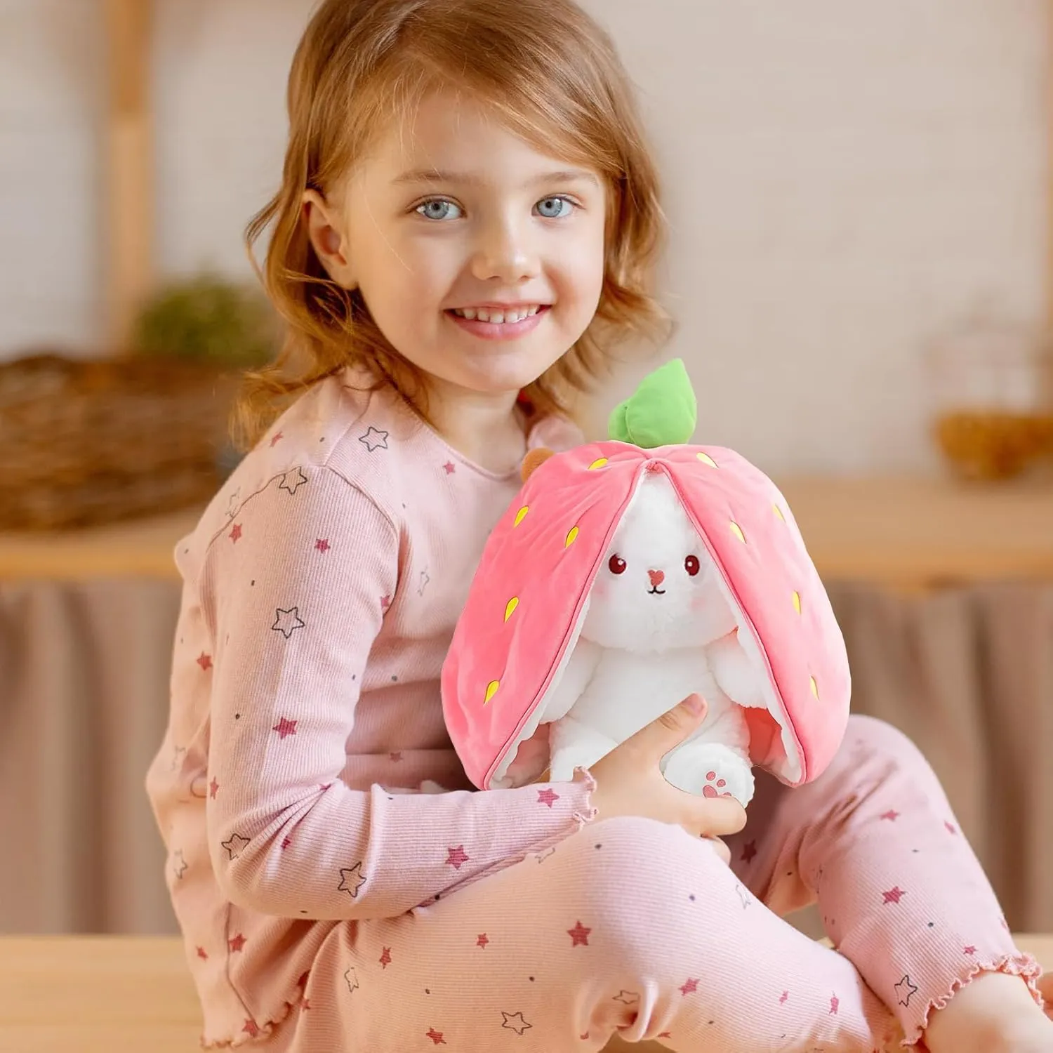 Reversible Bunny Stuffed Animal Rabbit Cuddle Stuffed Strawberry Bunny Transformed Rabbit Plush with Zipper 8" Easter Bunny Plushies Gifts for Baby Boys Girls