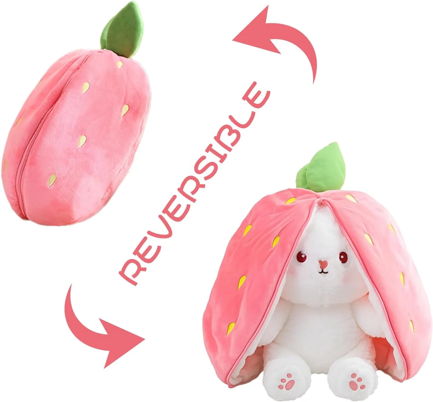 Reversible Bunny Stuffed Animal Rabbit Cuddle Stuffed Strawberry Bunny Transformed Rabbit Plush with Zipper 8" Easter Bunny Plushies Gifts for Baby Boys Girls
