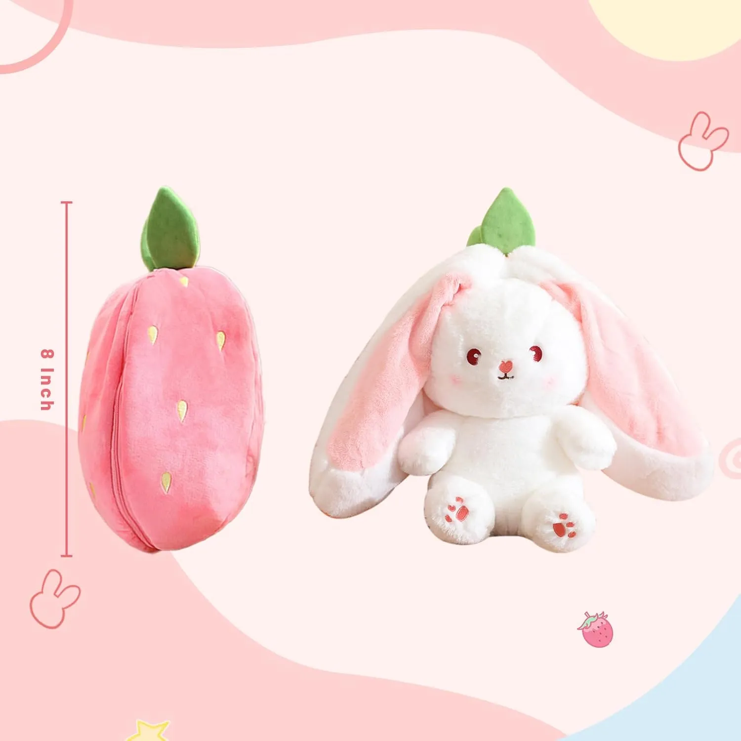 Reversible Bunny Stuffed Animal Rabbit Cuddle Stuffed Strawberry Bunny Transformed Rabbit Plush with Zipper 8" Easter Bunny Plushies Gifts for Baby Boys Girls