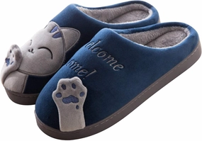 Rojeam Ladies Cute Cat Animal Plush Slip On Winter Warm Bedroom Shoes Non Slip House Slippers for Women Men