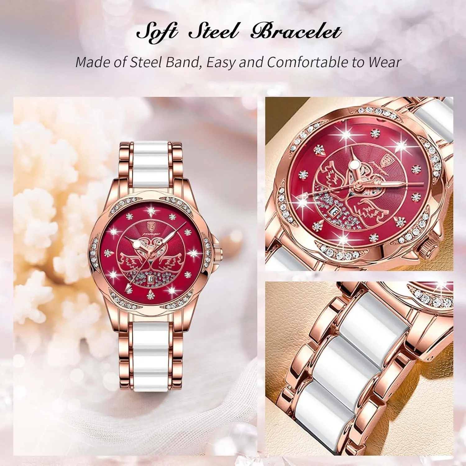 RORIOS Womens Watch Luminous Diamond Watches Ladies Quartz Watch with Stainless Steel Strap Fashion Waterproof Wrist Watch for Women