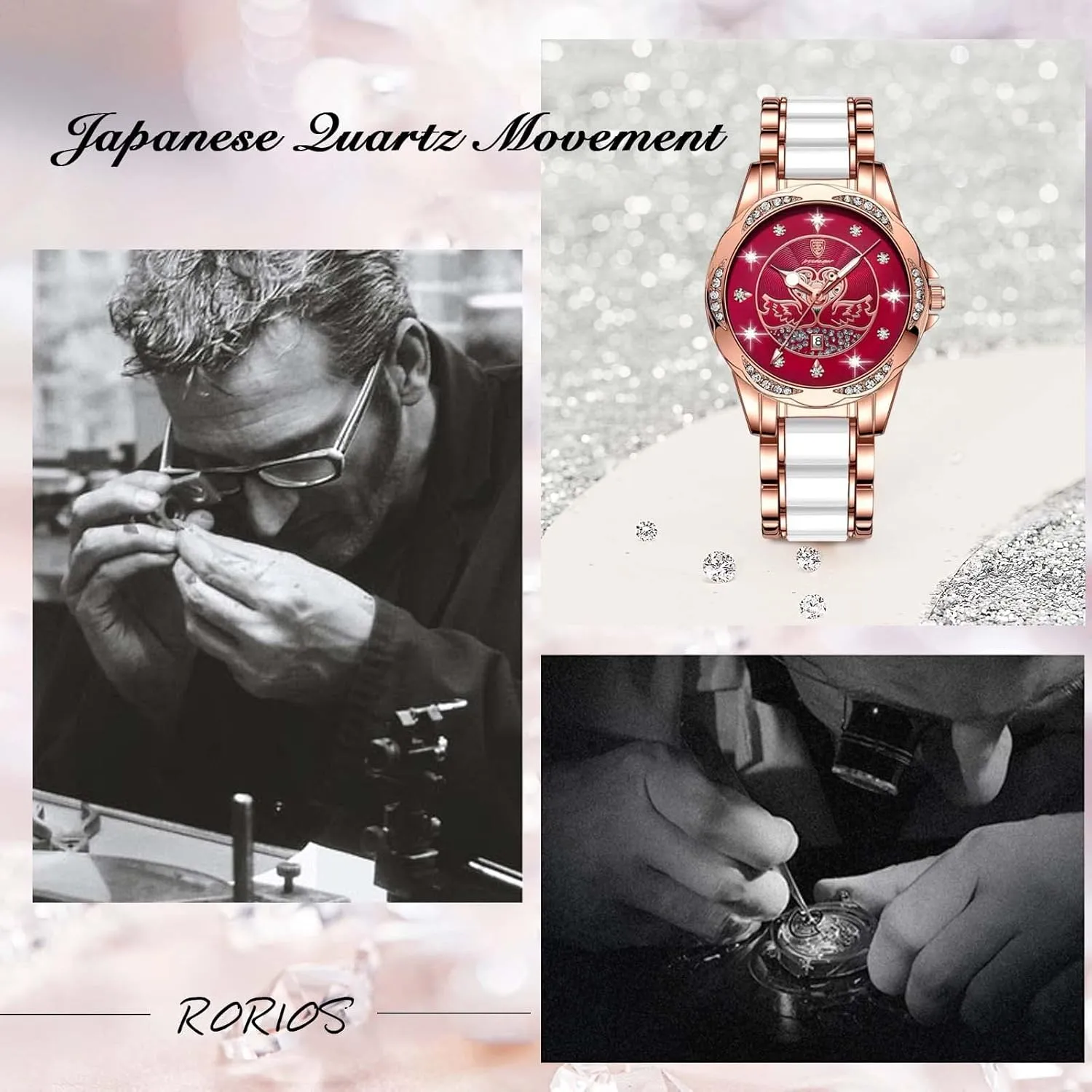 RORIOS Womens Watch Luminous Diamond Watches Ladies Quartz Watch with Stainless Steel Strap Fashion Waterproof Wrist Watch for Women