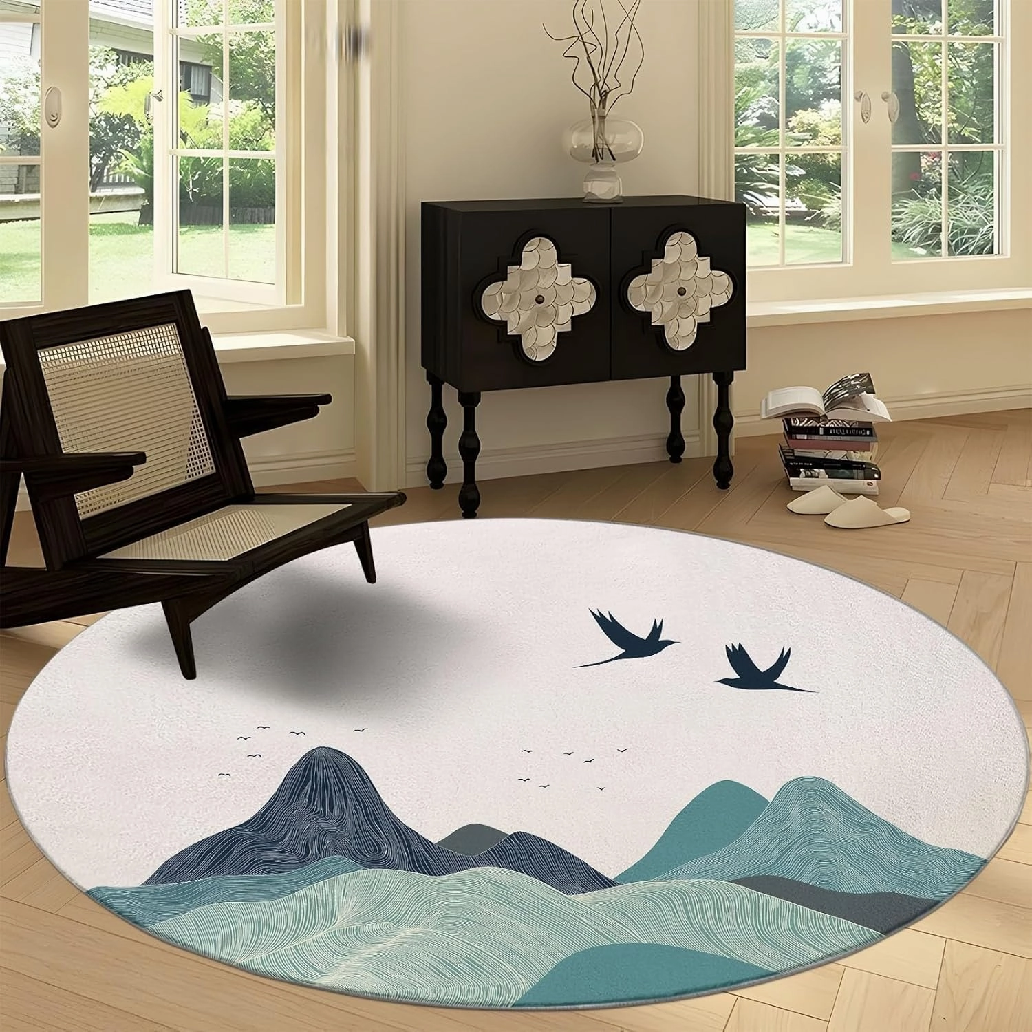 Round Rug 5ft Minimalist Mountain Area Rugs Washable Rug, Non-Slip Rugs for Living Room, Rugs for Bedroom, Circle Rug Low Pile Soft Room Decor for Teen Kids