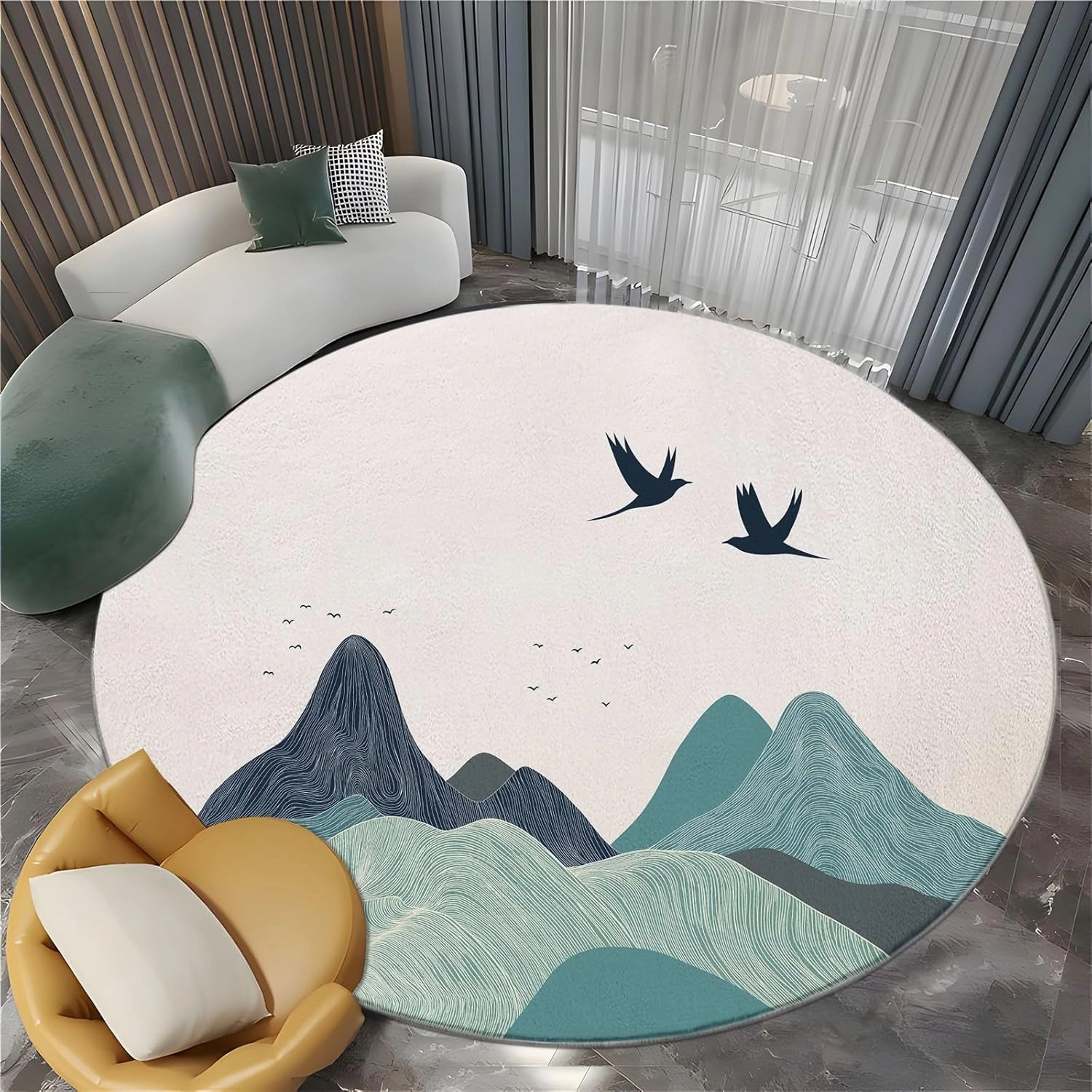 Round Rug 5ft Minimalist Mountain Area Rugs Washable Rug, Non-Slip Rugs for Living Room, Rugs for Bedroom, Circle Rug Low Pile Soft Room Decor for Teen Kids