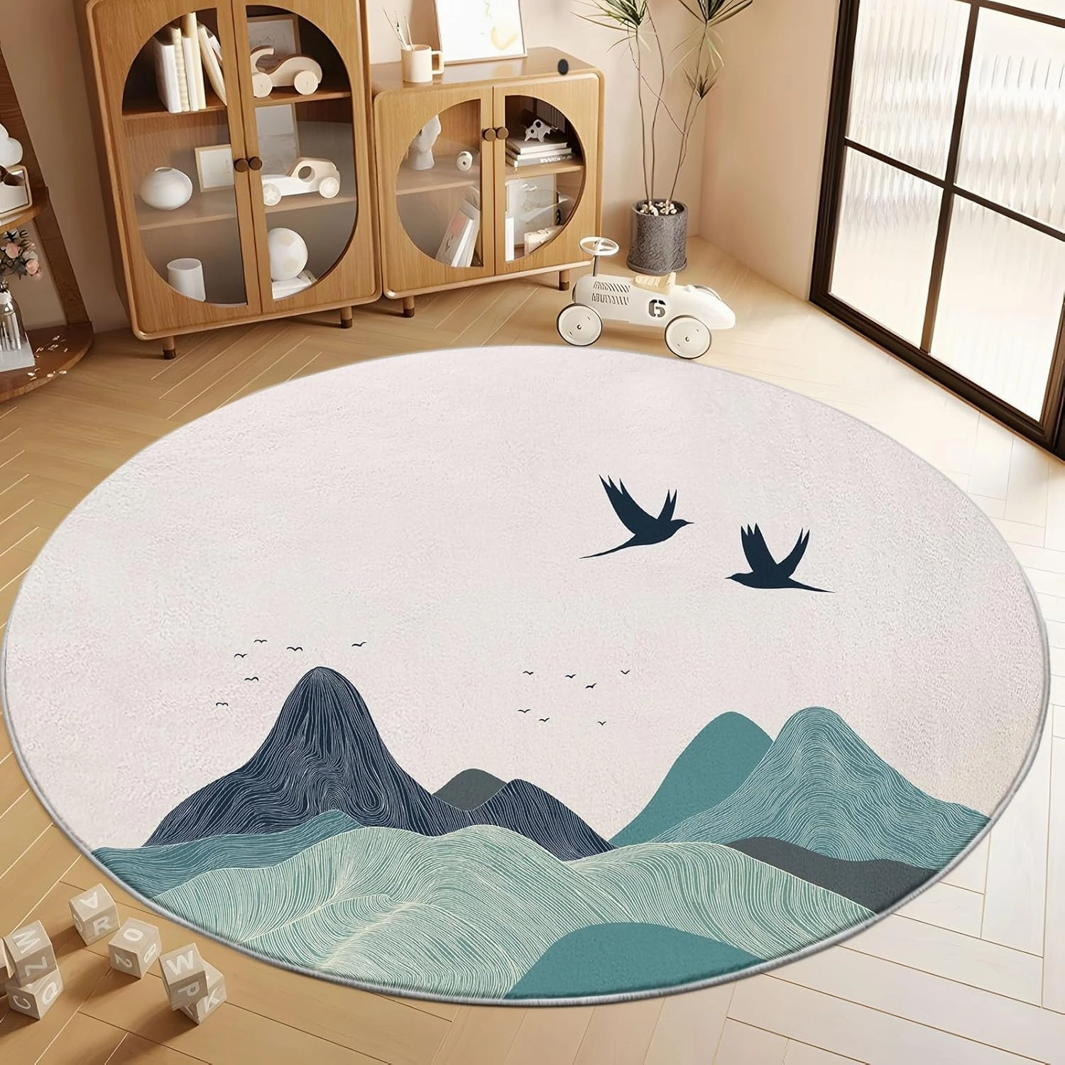 Round Rug 5ft Minimalist Mountain Area Rugs Washable Rug, Non-Slip Rugs for Living Room, Rugs for Bedroom, Circle Rug Low Pile Soft Room Decor for Teen Kids
