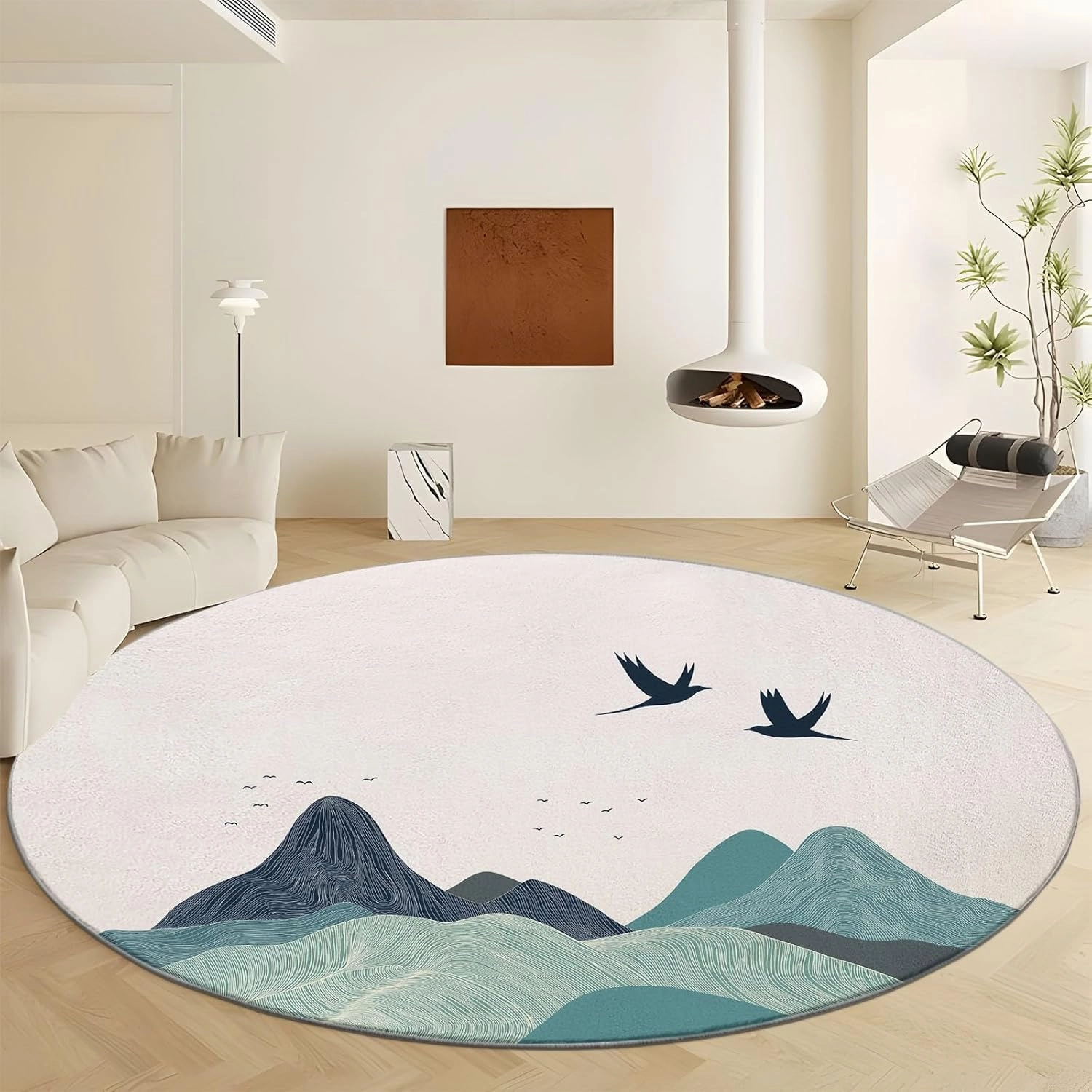 Round Rug 5ft Minimalist Mountain Area Rugs Washable Rug, Non-Slip Rugs for Living Room, Rugs for Bedroom, Circle Rug Low Pile Soft Room Decor for Teen Kids