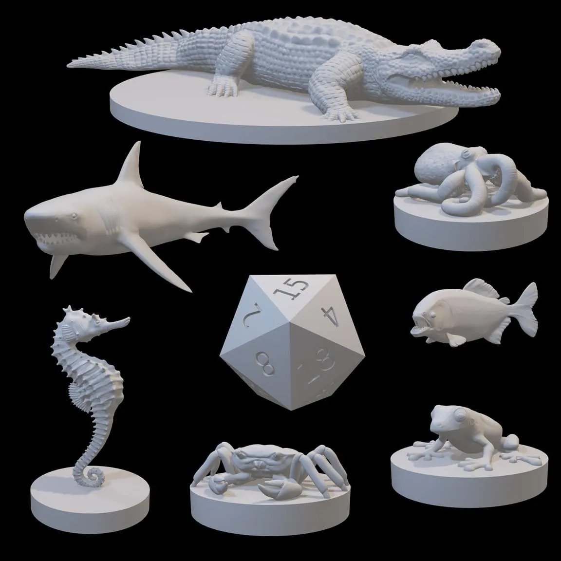 Set of 7 Druid Wild Shape Animal Miniatures for DND Pathfinder RPG Unpainted Resin 28mm-32mm (Aquatic:Crab Frog Fish SeaHorse Octopus Shark Croc)