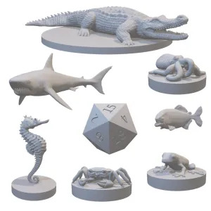 Set of 7 Druid Wild Shape Animal Miniatures for DND Pathfinder RPG Unpainted Resin 28mm-32mm (Aquatic:Crab Frog Fish SeaHorse Octopus Shark Croc)