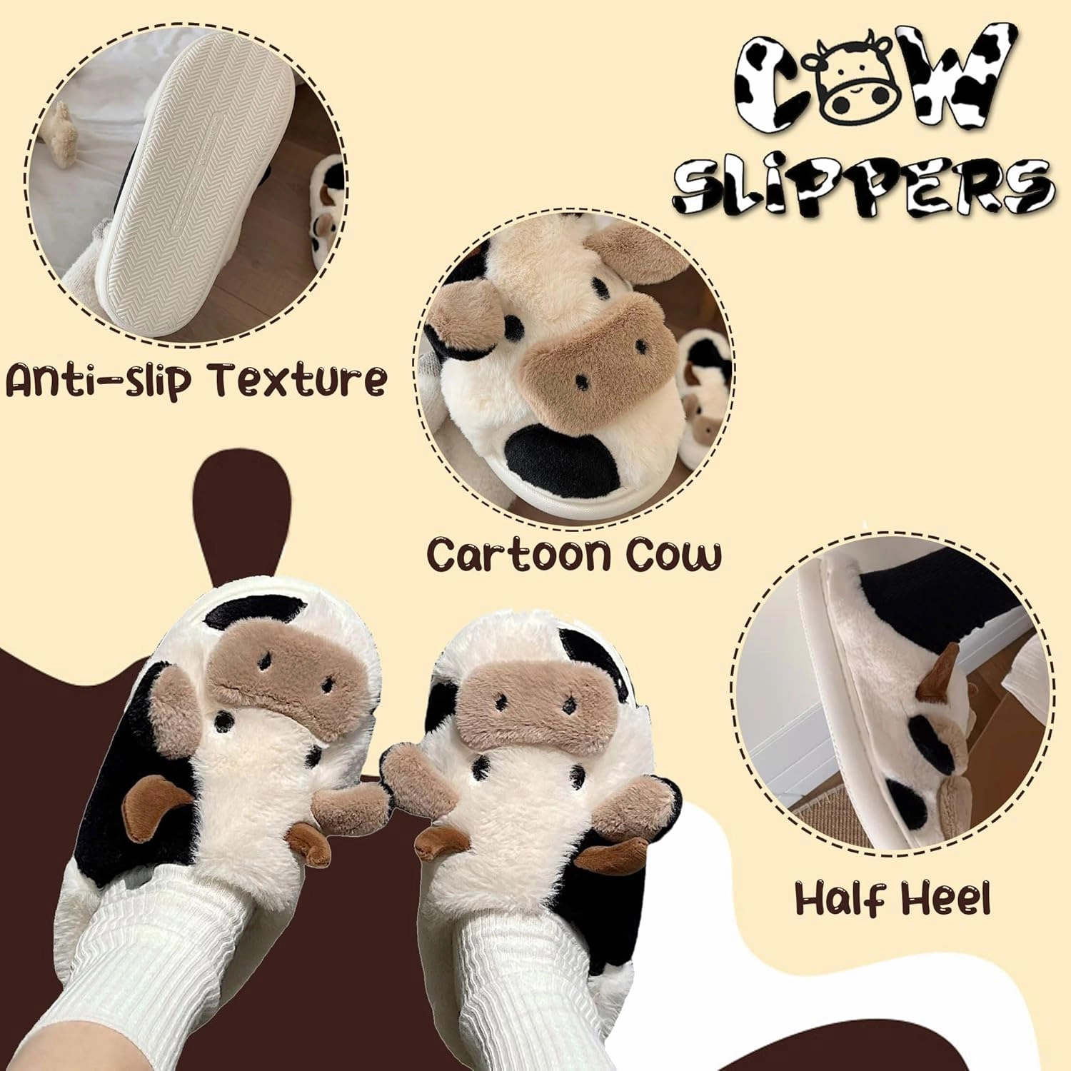 sharllen Cute Fluffy Cow Slippers for Women Men, Warm Soft Kawaii Plush Fuzzy Non-Slip Cow Slides, Cozy Cotton Winter Adults Thick Sole House Animal Slippers Indoor Outdoor