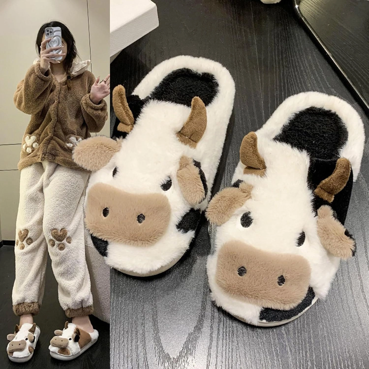 sharllen Cute Fluffy Cow Slippers for Women Men, Warm Soft Kawaii Plush Fuzzy Non-Slip Cow Slides, Cozy Cotton Winter Adults Thick Sole House Animal Slippers Indoor Outdoor