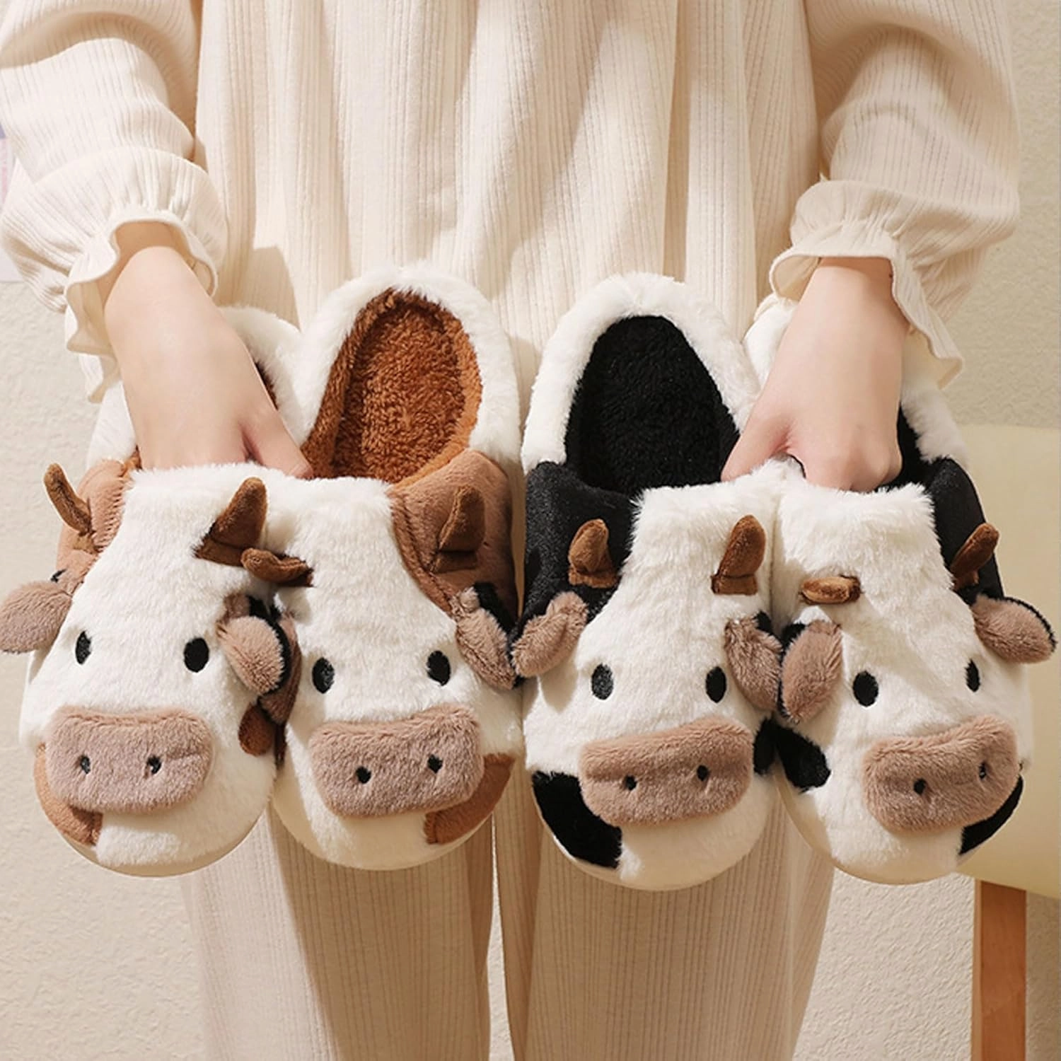 sharllen Cute Fluffy Cow Slippers for Women Men, Warm Soft Kawaii Plush Fuzzy Non-Slip Cow Slides, Cozy Cotton Winter Adults Thick Sole House Animal Slippers Indoor Outdoor
