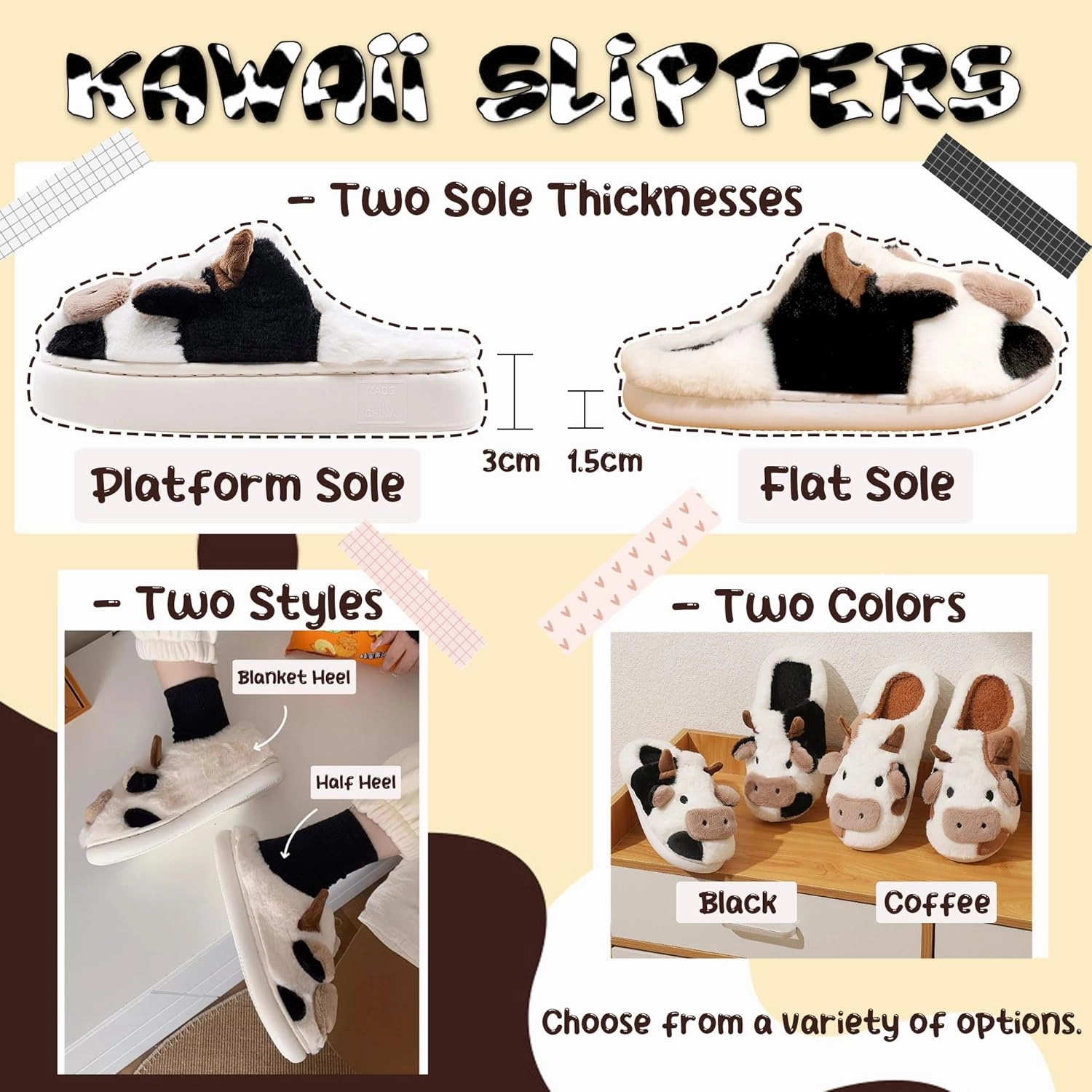 sharllen Cute Fluffy Cow Slippers for Women Men, Warm Soft Kawaii Plush Fuzzy Non-Slip Cow Slides, Cozy Cotton Winter Adults Thick Sole House Animal Slippers Indoor Outdoor
