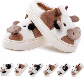 sharllen Cute Fluffy Cow Slippers for Women Men, Warm Soft Kawaii Plush Fuzzy Non-Slip Cow Slides, Cozy Cotton Winter Adults Thick Sole House Animal Slippers Indoor Outdoor
