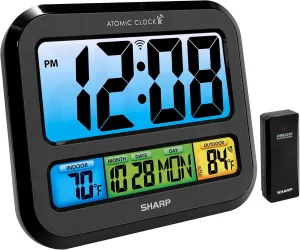 SHARP Atomic Clock with Bright Color Display, Atomic Accuracy, Jumbo 3" Easy to Read Numbers - Indoor/Outdoor Temperature Display with Wireless Outdoor Sensor