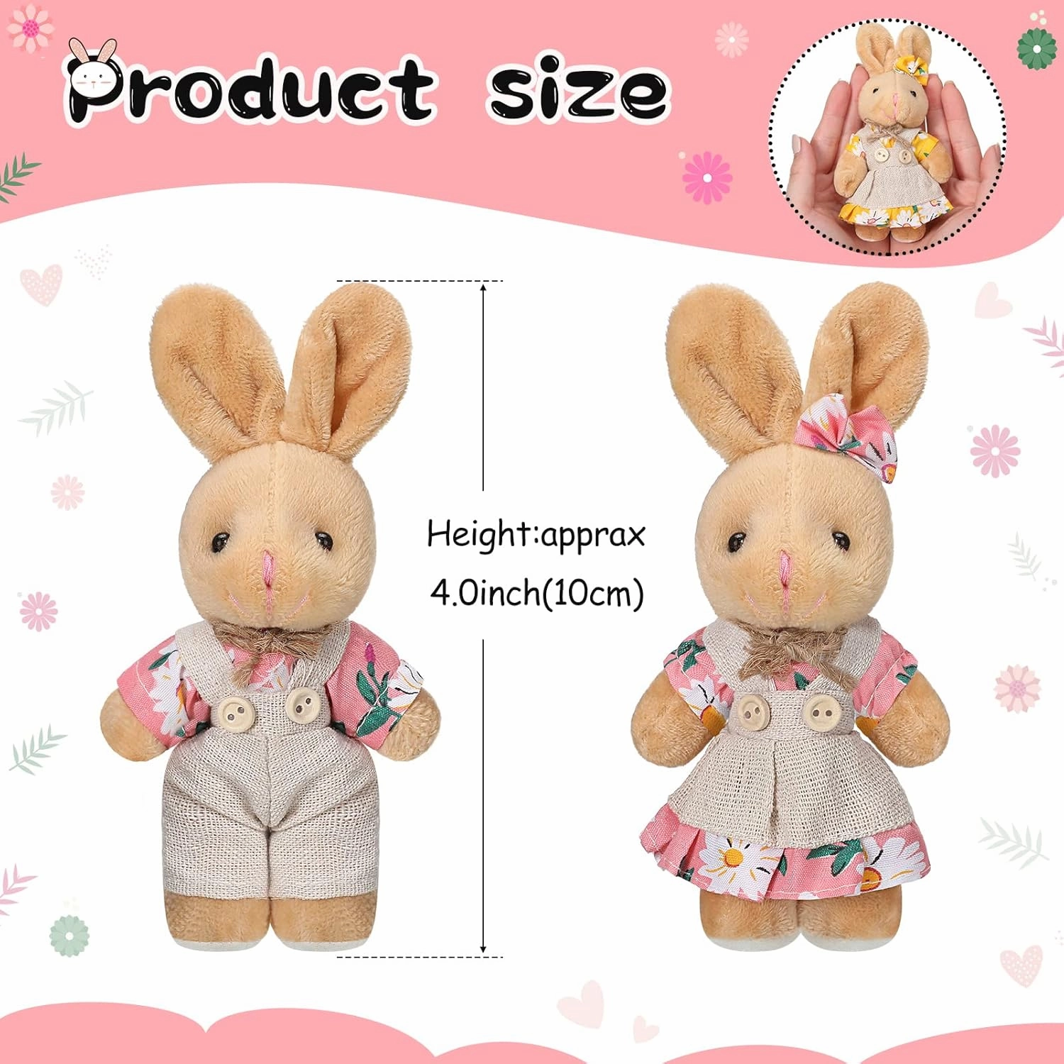 Skylety 12 Pcs Mini Bunny Plush Stuffed Animal Small Couple Easter Rabbit Plushie Burlap Floral Baby Shower Decoration Cute Soft Bunny for Birthday Party Favor, 4 Inch(Vivid Style)