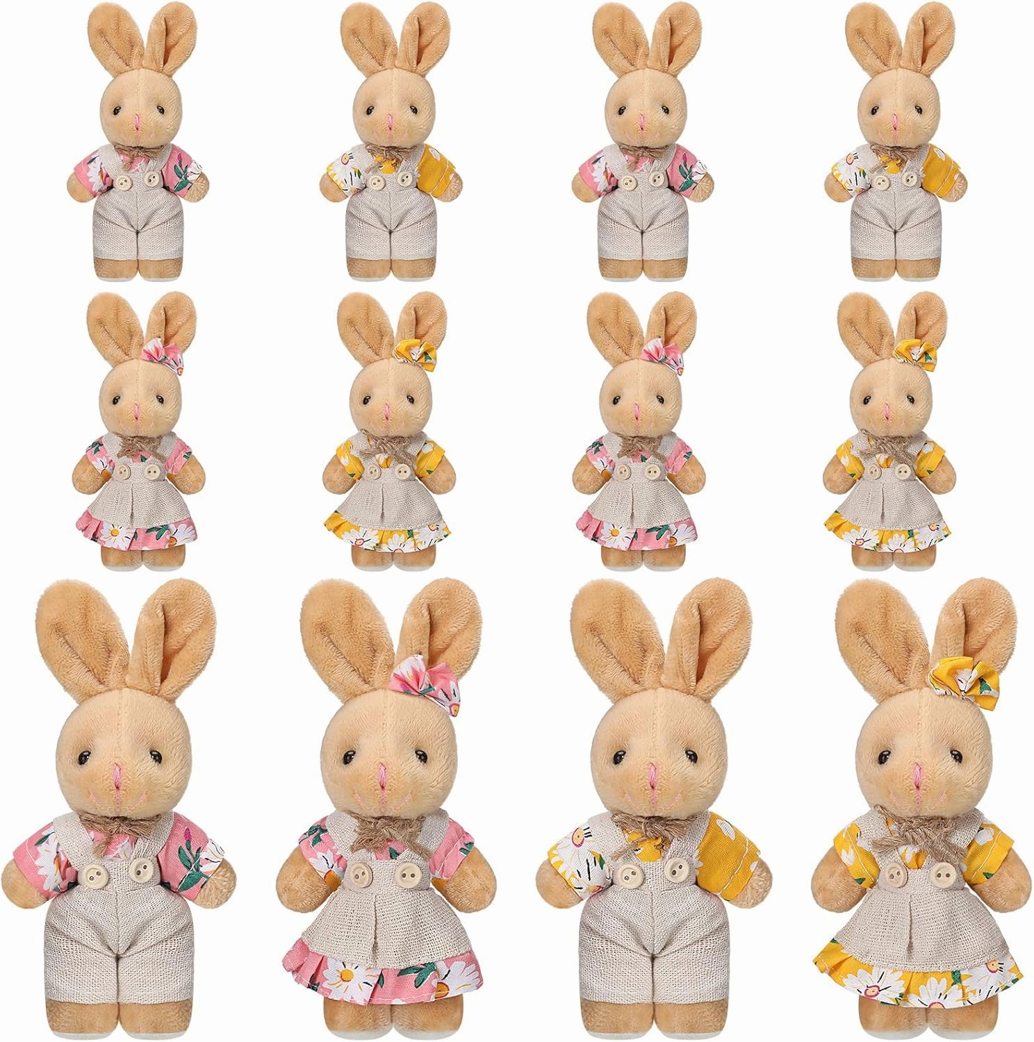 Skylety 12 Pcs Mini Bunny Plush Stuffed Animal Small Couple Easter Rabbit Plushie Burlap Floral Baby Shower Decoration Cute Soft Bunny for Birthday Party Favor, 4 Inch(Vivid Style)