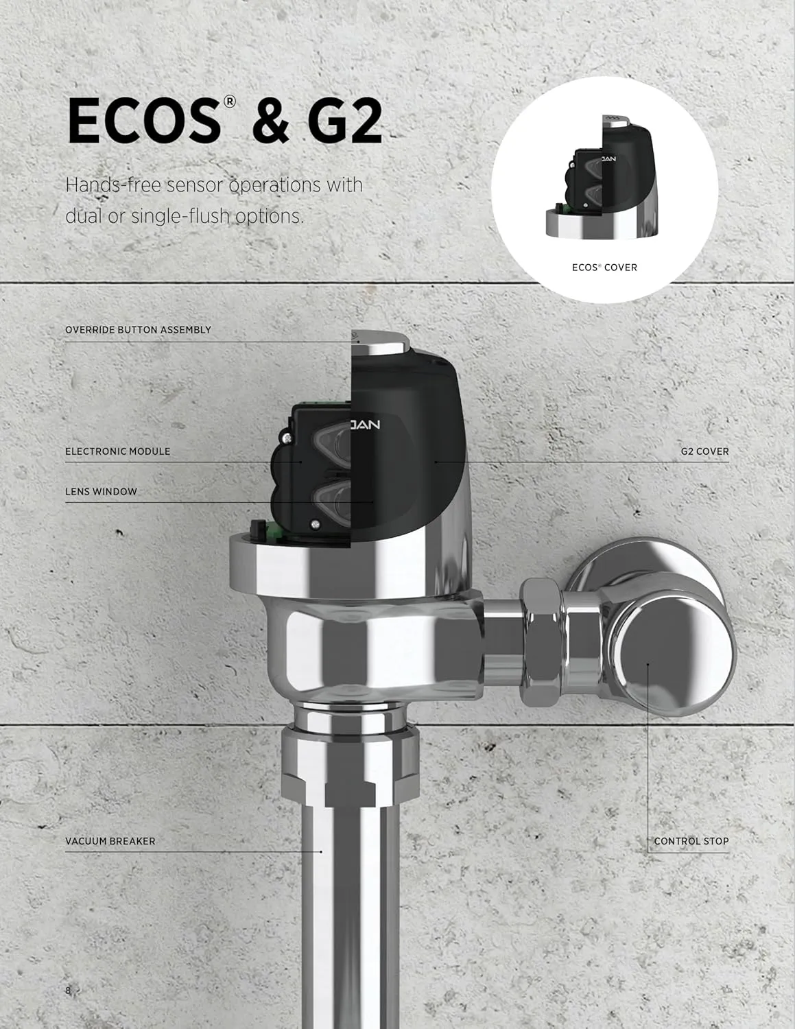 Sloan G2 Optima Plus 8180 Exposed Sensor Urinal Flushometer, 1.0 GPF Flush Valve - Single Flush, Fixture Connection Top Spud, Battery Powered Infrared Sensor, Polished Chrome Finish, 3250406