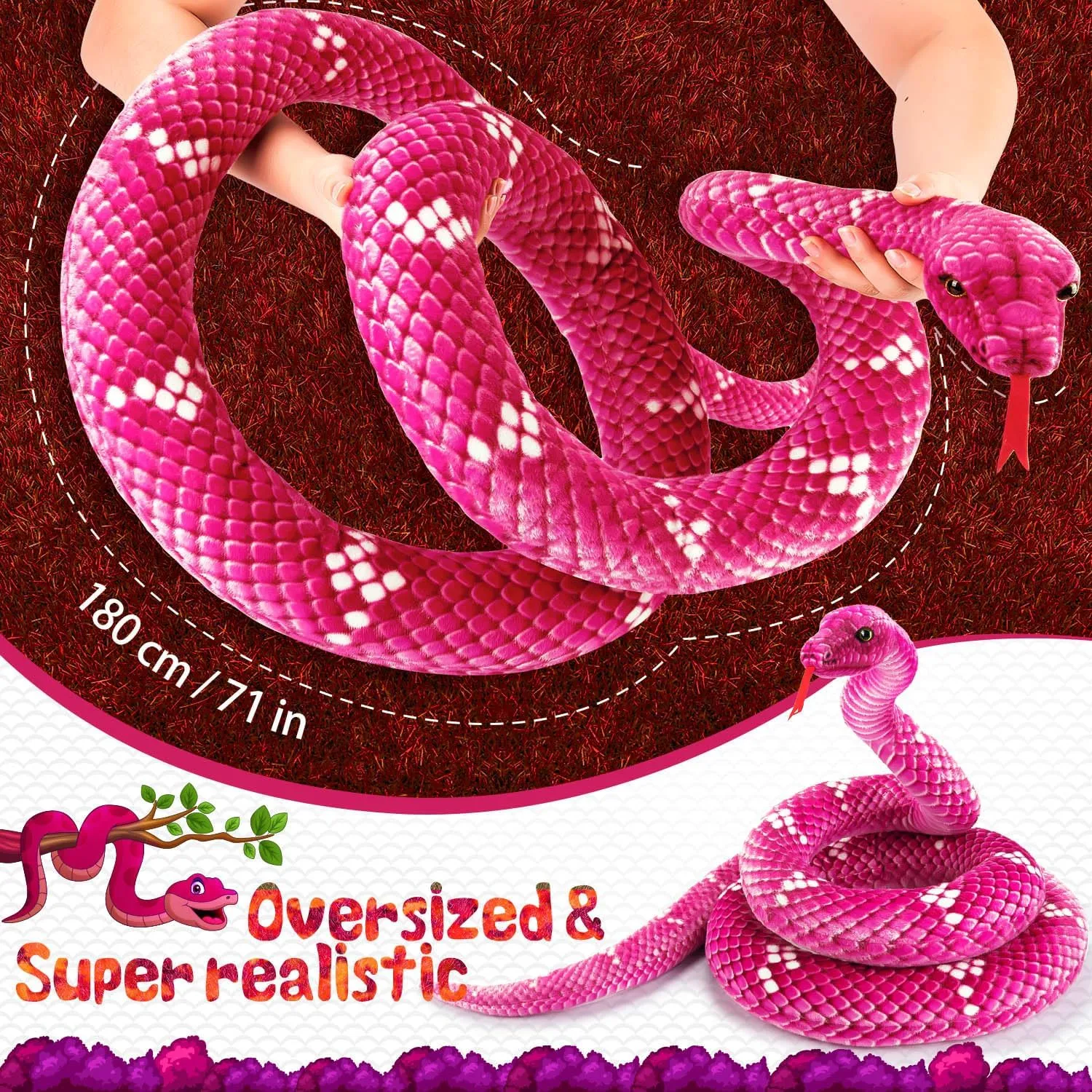 Snake Plush, Stuffed Snake Animal, 71 in Large Toy Snakes for Kids, Giant Stuffed Animals Snake, Lifelike Plush Snake for Birthday Present Party Prank Prop (Pink)