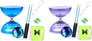 Soft Rubber Yoyo Set, with 1 Pc Diabolo, 1 Pc Spare 10m Rope, 2 Pcs Professional Poles, 1 Pc Net Bag, Flashing Triple Bearing Diabolo, for Beginners, Experienced Players (Blue & Purple)
