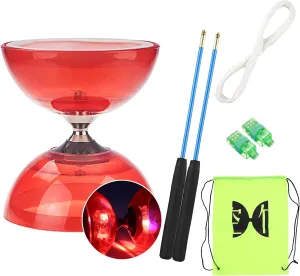 Soft Rubber Yoyo Set, with 1 Pc Diabolo, 1 Pc Spare 10m Rope, 2 Pcs Professional Poles, 1 Pc Net Bag, Flashing Triple Bearing Diabolo, for Beginners, Experienced Players (Red)