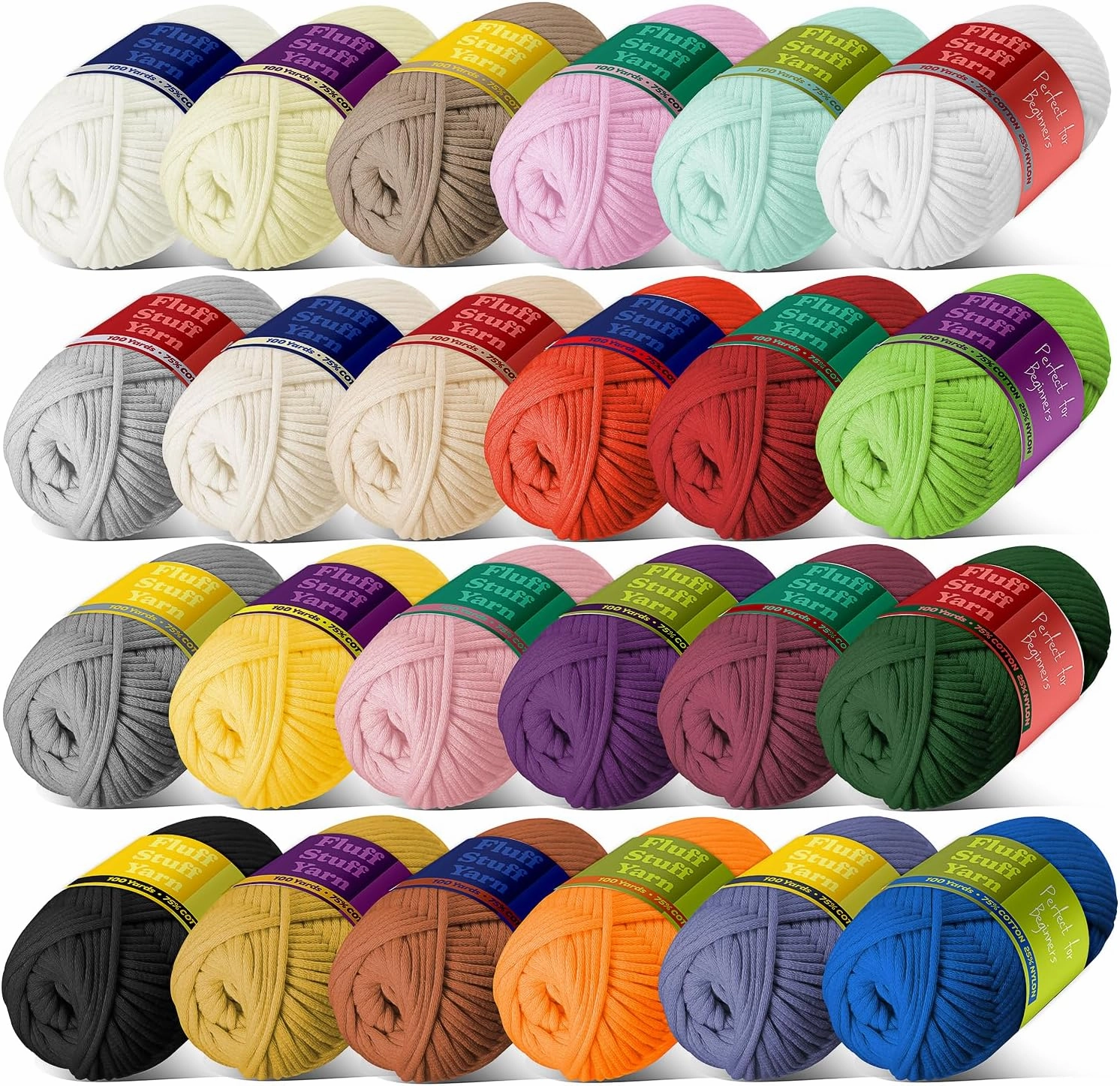 Soft Yarn for Crocheting – Crochet & Knitting Yarn, Beginner Yarn with Easy-to-See Stitches, 24 x 50g - 2400 Yards Amigurumi Yarn, Cotton-Nylon Blend Tshirt Yarn for Crocheting, Worsted Weight Yarn 4