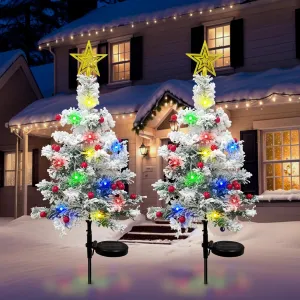 Solar Christmas Tree Outdoor Christmas Decorations, 30Inch Flocked Christmas Tree 40LED Solar Lights Outdoor, Mini Small Christmas Tree with Lights for Grave Cemetery Garden Yard Decor (2PCS)