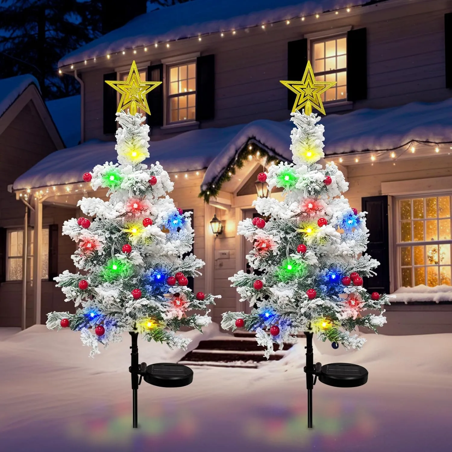 Solar Christmas Tree Outdoor Christmas Decorations, 30Inch Flocked Christmas Tree 40LED Solar Lights Outdoor, Mini Small Christmas Tree with Lights for Grave Cemetery Garden Yard Decor (2PCS)